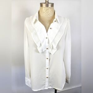 NWT Haute Monde Women's White Ruffled Sheer Button Front Blouse Shirt Top, sz LG